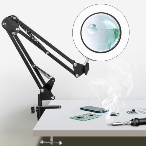 KIRKAS Magnifying Glass with Light and Stand, 12X 30X 20in Clamp | Magnifier Adjustable Color Dimmable for Craft Hobby Repair Sewing Beading Close Work, LED Lighted Desk Lamp Swivel Arm Black - color: Black, size: 12X 30X-20in Clamp