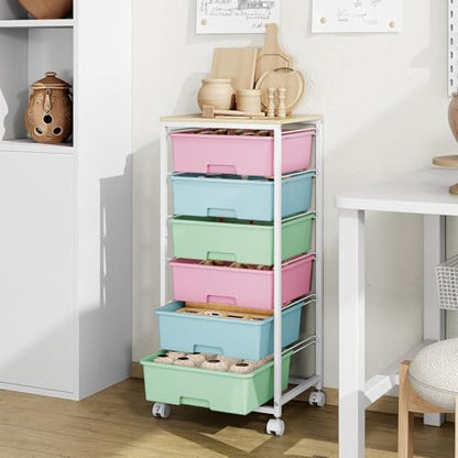 6 Drawer Rolling Storage Cart with Wooden Top and Wheels for Craft Rainbow - color: Rainbow