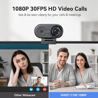 EMEET C100 1080P Webcam for PC w/Rotating Privacy Cover, Mic & Metal Clip | Computer Camera for Home Office, Meetings, Learning, Streaming, External Webcam for Desktop, Laptop, PC USB-A - style: Smooth 1080P w/ Stable Fixed Focus