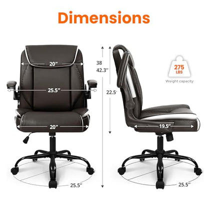 NEO CHAIR PU Leather Office Desk Chair with Adjustable Arms, Brown | Ergonomic Mid Back Computer Desk Chair Comfy with Wheels Swivel Rolling for Home Office Gaming Study - color: Brown