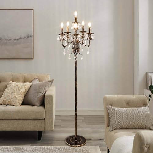 Wellmet Crystal Bronze Floor Lamp, Tall Vintage Standing Living Room Lamp | 6 Lights Farmhouse Floor Lamp with ON/OFF Foot Switch, Elegant Candelabra Floor Lamp for Corner,Office,Reading Room,Bedroom - color: Bronze