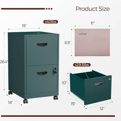 Metal 2 Drawer File Cabinet with Lock & Wheels for Office, Green | Small Mobile File Cabinets for Home Office, Under Desk Vertical Rolling File Cabinet Fit Hanging Files, Letter & A4 Documents - color: Green, style: 2 Drawers Mobile File Cabinet
