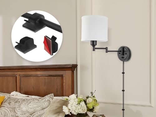 Plug in Wall Sconces with Remote Control, Dimming 10%-100% & Adjustable Colors 2700K-6500K, Hardwire or Plug-in, Swing Arm Wall Lamp with White Fabric Shade, Wall Sconces Set of Two, Black Finish - color: Black & White