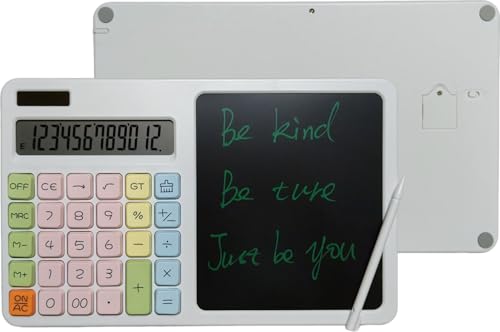 Desktop Basic Calculator with Notepad Large Buttons and Solar & Battery Dual Power, 12-Digit Display, 7.4'' Erasable LCD Writing Pad for Office & Home Use, White - color: White