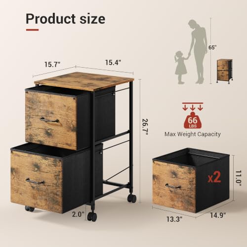 DEVAISE 2 Drawer Mobile File Cabinet, Rolling Printer Stand - color: Rustic Brown Wood Grain Print, size: 15.7''D×15.4''W×26.8''H