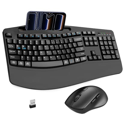 Wireless Keyboard and Mouse Combo, Full Size Ergonomic Wave Keys(Black) - color: Black