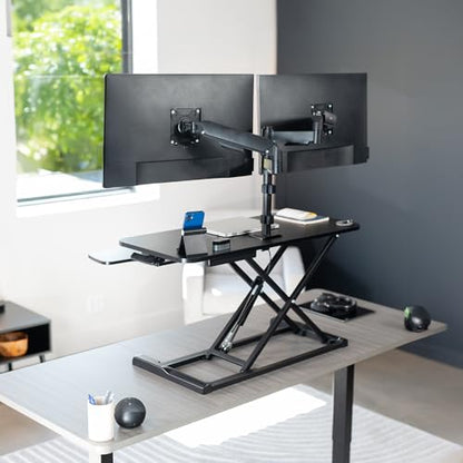 VIVO Black 36 inch Desk Riser with Monitor Mount, DESK-KIT-036K2K | Standing Desk Converter with Dual Monitor Mount for up to 32 inch Screens, Height Adjustable Riser, Mechanical Spring Arms - size: 36"