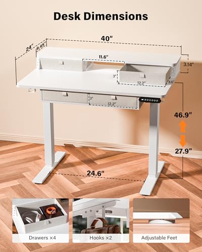 FiCiHi 40x24 Inch Electric Standing Desk, 4 Drawers, Adjustable Height Desk - color: White, size: 40"x24" (4 Drawers)