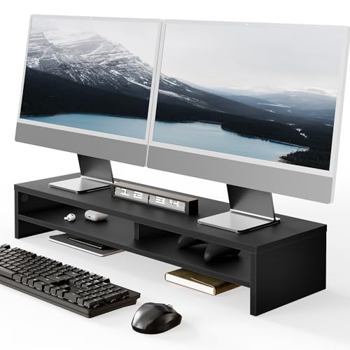 Fenge 31.5 Inch Dual Monitor Stand Riser for Desk, Black | Wooden Desk Shelf, 2-Tier Open Storage Compartment, for PC Laptop Screen Printer, Home Office Desktop Organizer - color: Black