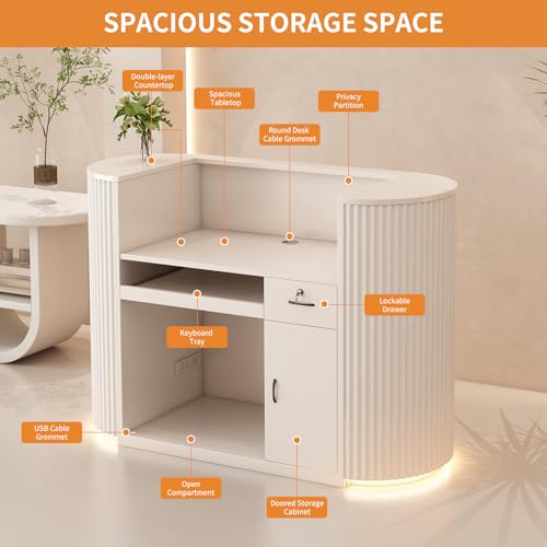 Modern Reception Desk with Counter - Curved Front Checkout Page with Led Lighting, Lockable Drawers, Hidden Cable Management and Wood Construction, Salon Reception Desk for Beauty Salons - color: Milky White