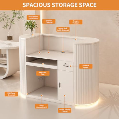 Modern Reception Desk with Counter - Curved Front Checkout Page with Led Lighting, Lockable Drawers, Hidden Cable Management and Wood Construction, Salon Reception Desk for Beauty Salons - color: Milky White