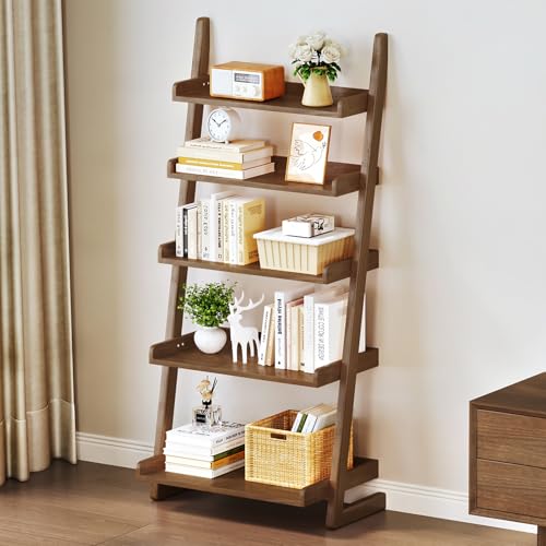 Uniclinens Walnut Wooden Ladder Shelf, 5-Tier Ladder Shelf Bookcase, Ladder Bookshelf for Compact Spaces, Solid Wood Bookshelf for Living Room, Bedroom, Home Office,(23.6''Dx15.7''Wx55.1''H)