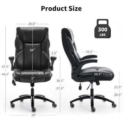Executive Office Chair - Adjustable Inflatable Lumbar Support, Flip Up Arms, Heavy Duty Metal Base, Breathable PU Leather Ergonomic High Back Computer Chair Desk Chair, Thick Padded | Black - color: Black