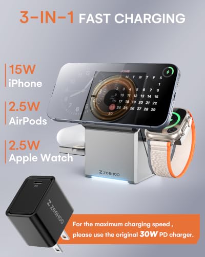 ZEEHOO 3 in 1 Charging Station for Apple, Mag-Safe for iPhone Charger, Certified Rotating Wireless Charger Stand for iPhone 17,16,15,14,13,12 Series, Apple Watch, AirPods (USB-C Charger Included) - color: Metal Gray