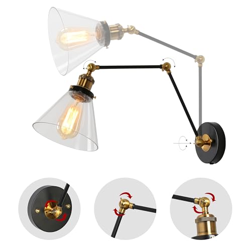 LOG BARN Swing Arm Wall Sconce Plug-in or Hardwire, Adjustable Black Antique Brass Wall Lamp with Clear Glass Shade, Reading Light for Bedroom, Living Room, Office