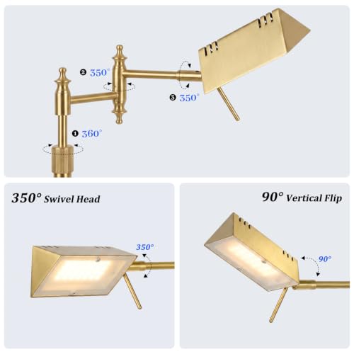 Bairth Antique Brass Reading Floor Lamp,Rotatable Pharmacy Standing Lamp | 90°Rotatable Lamp Head 3 Color Temperature, Dimmable, 17W LED, Height Adjustable, 360°Swing Arm, Living Room, Bedroom, Craft - color: Antique Brass Upgraded