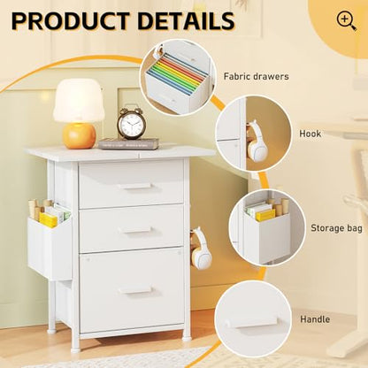 3-Drawer Mobile File Cabinet with 22" Wide Printer Stand, Fabric Under Desk Filing Cabinet with Side Bag & Headphone Hook, Fits Letter/A4 Size Hanging File Folders, Rolling Home Office Organizer,White - color: White