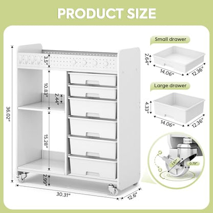 Rolling Craft Cart with 6 Drawers, Pegboard and Locking Wheels White - color: White