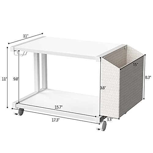 VEDECASA 2 Tier Modern White Wooden Under Desk Printer Stand with Storage Bag for Home Office Desktop Printer Table Organizer Mobile Printer Shelf Cart with Caster Wheel (White) - color: White