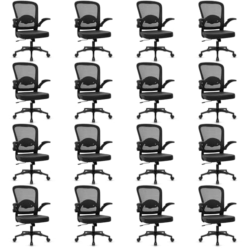 KLASIKA Desk Chairs with Wheels, Ergonomic Mesh Back PU Leather Seat Home Office Adjustable Lumbar Support and Height Swivel Rolling Computer Task Chair with Flip Up Arms for Conference, Black, 16PK - color: Black_villy Leather, size: 16PK