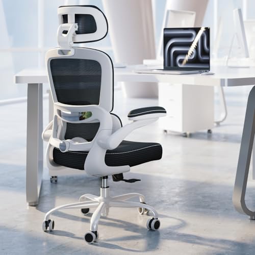 TRALT Ergonomic Office Chair Desk Chair with Adjustable Lumbar Support | Home Office Desk Chairs with Flip-up Armrests & 3D Headrest - Mesh Gaming Chair for Adults, PU Leather (Black White, 1) - color: Black White, size: Pack of 1