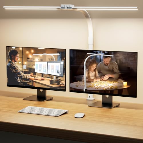 SIBRILLE LED Desk Lamp for Home Office - Dimmable Computer Desk Light with Clamp, Modern Architect Task Lamp with Color Changing, Flexible Desktop Lamp with Gooseneck for Monitor, Double Head, White - color: White
