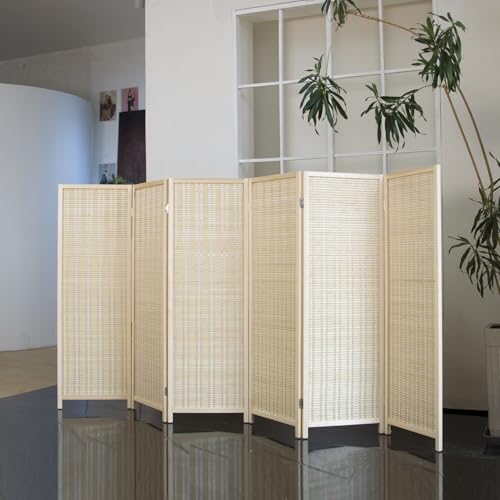 6 Panel Short Room Divider – 3.9 ft Tall Double-Side Folding Privacy Screen, Natural Beige Bamboo Partition Wall for Home Office, Living Room & Corner Spaces - color: Beige, size: 6 Panel
