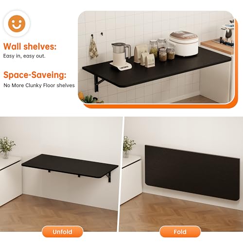 IAE Wall Mounted Folding Desk,Floating Computer Desk for Small Spaces,Black | 48x22in engineered wood desktop with metal brackets, folds flat to save space in home office, apartment and laundry room - color: Black, size: 48"*22"