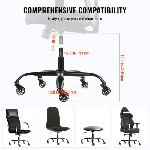 VEVOR Office Chair Base Replacement, 28", 2500 lbs Static Load Capacity, Heavy Duty Universal Computer Desk Chair Stool Base Part with 5 Casters and Gas Cylinder, Desk Chair Base Replacement, Black