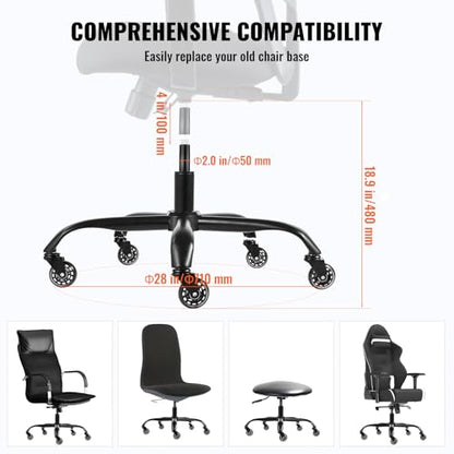 VEVOR Office Chair Base Replacement, 28", 2500 lbs Static Load Capacity, Heavy Duty Universal Computer Desk Chair Stool Base Part with 5 Casters and Gas Cylinder, Desk Chair Base Replacement, Black
