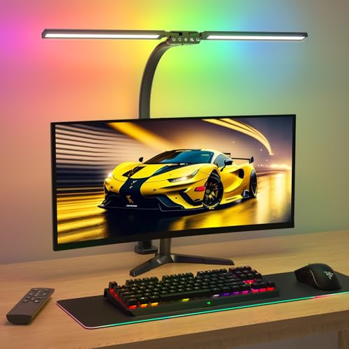 SIBRILLE Upgraded LED Desk Lamp for Home Office with RGB, Rotatable Computer Desk Light with Remote, Tall Table Lamp with Clamp for Working, Dimmable Dual Head Task Lighting for Monitor PC, 22W - color: Black RGB