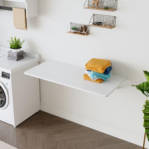 Aoowow Wall Mounted Folding Table, 45"x22" Droptop Desk & Laundry Folding Station, Fold Down Wall Desk for Small Spaces - Floating Workbench for Laundry Room, Garage, Home Office, Kitchen, White - color: White, size: Large