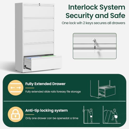 5 Drawer Lateral File Cabinet, Metal Filing Cabinet for Home Office, White | Heavy-Duty Steel Locking Large File Cabinet, Hanging Letter/Legal/A4 Size, Full-Extension Silent Drawer, Un-Assembly - color: White, size: 5 Drawers (35.43 in Width)