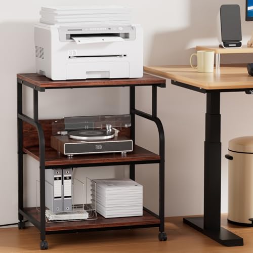 VECELO Adjustable Large Printer Stand with Power Outlet, 3-Tier Heavy Duty Cart on Lockable Wheels, Office Storage Table for Home Office, 3D Printer, Fax Machine, Scanner, Rustic Brown - color: Rustic Brown