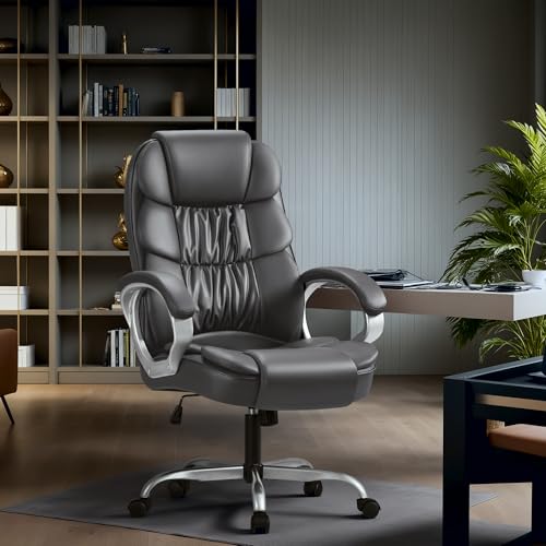 Homall Office Chair High Back Computer Chair Desk Chair, PU Leather Adjustable Height Modern Executive Swivel Task Chair with Padded Armrests and Lumbar Support (Gray) - color: Grey