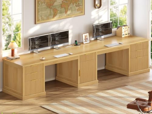 SEDETA Fluted 110.3" Two Person Desk with 7 Drawers for Office, Fluted Oak | Long Computer Desk with Storage Cabinet, 2 Person Desk with Power Outlets - color: Fluted Oak, size: 110.3" Two Person Desk