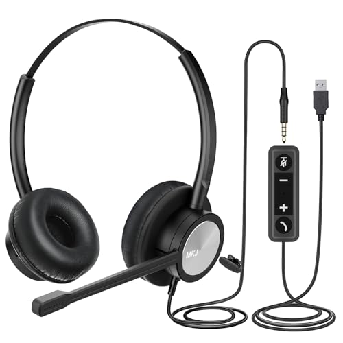 MKJ USB Headset with Microphone for PC, USB/3.5mm Computer Headset for Call Center & Home Office, Noise Cancelling Wired Headphone for Laptop, Ms Teams, Zoom, Webinar