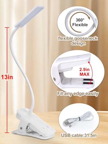Eye Caring Clip on LED Bed Light 5 Color 5 Brightness Rechargeable Wireless | Flexible Neck Desk Lamp for College Dorm Essentials Reading