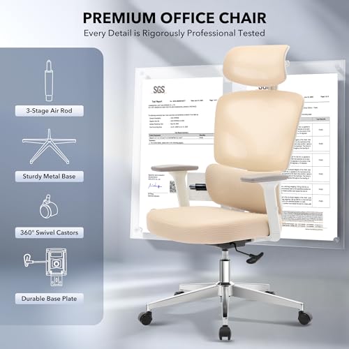 Ergonomic Office Chair Mesh – Adjustable Lumbar 3D Armrests High-Back Desk - color: Beige-d1