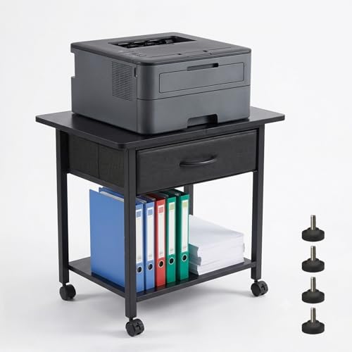 22" x 15" Under Desk Rolling Printer Stand, 2-Tier Industrial Mobile Printer Table with Strong Fabric Drawer, Storage Shelf, Steel Frame and Lockable Wheels, Printer Cart for Home Office (Black) - color: Black