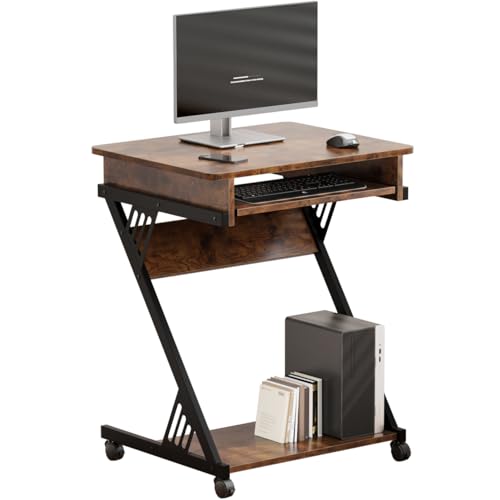ALISENED 2 Tier Computer Desk with Keyboard Tray, 23.6" Home Office Desk Computer Workstation Rolling Study PC Laptop Table for Small Spaces,Z-Shaped Small Compact Study Table - color: Brown