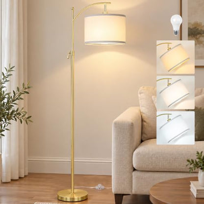 Upgraded Gold Arc Floor Lamp Adjustable Height 55-63in, 3 Color 9W LED Bulb - color: Gold+White Shade-Arc