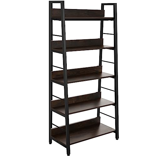 BATHWA 5 Tier Book Shelf, Rustic Industrial Ladder Bookshelf Wood Metal, Dark Brown Farmhouse 28'' Wide 59''Tall Ladder Shelf Living Room, Bedroom, Home Office - color: Espresso, size: 1pack-59"H x 27.7"W x 13.8"D