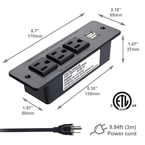 Conference Recessed Power Strip with USB 3 Outlets 1875W/12amp 2 USB Ports 2.1amp 10ft Power Cord Black - color: Black, size: USB-A