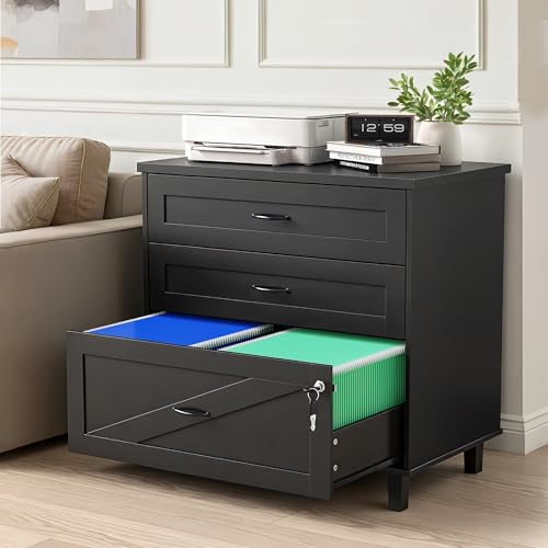 Quikraen 3-Drawer Wooden File Cabinet with Lock, Large Lateral Filing Cabinet with Hanging File Folders, Farmhouse Style Office Organizer Printer Stand for Home Office, Black 32 inch
