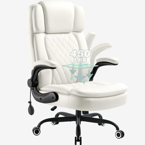 450 LBS Big and Tall Executive Office Chair with Flip up Arm, Heavy Duty Leather Computer Desk Chair,Comfortable High Back Swivel Home Office Chair with Rolling for Adults (White) - color: White