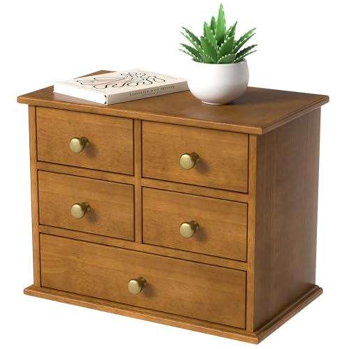 Oak Desk Organizer with Drawers, Durable Wooden Desktop Storage Box | 5 Drawer Tabletop Organizer with Metal Handles & Non-Slip Pads for Office, Bedroom, Bathroom, Vanity & Makeup Storage, Walnut - color: Walnut, size: 5 Drawers