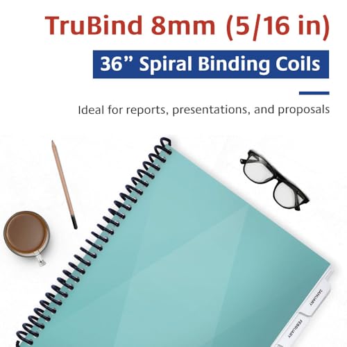 TruBind 8mm (5/16 in.) Spiral Binding Coils for Reports, Presentations and Proposals | 4:1 Pitch | 36 in. Length | Black | 54 Sheets Binding Capacity | 100 Pack