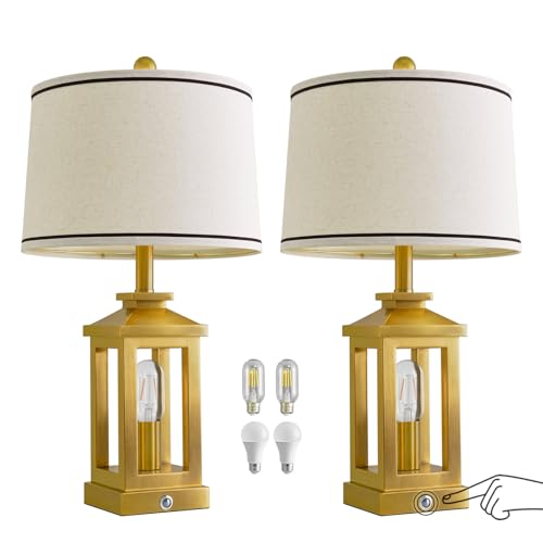Modern Table Lamps Set of 2 for Living Room 23.75" Bedroom Nightstand Lamps | Touch Lamps with Three-level Dimming Nightlight, Bulbs Included, USB Charging Ports, Gold Modern Bedside Side Table Lamp - color: Metal Gold