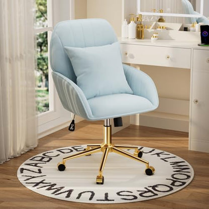 Home Office Desk Chair Comfy with Adjustable Swivel Wheels, Modern Velvet Makeup Vanity Chair with Back & Pillow, Ergonomic Office Chair Computer Task Chair for Living Room, Bedroom, Blue - color: Blue
